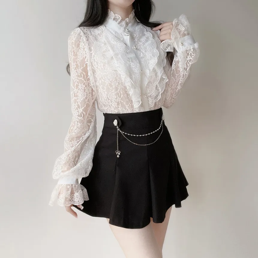 シースルーレースボタンフリル ネックラッフルブラウス | mirangmirang | 詳細画像8