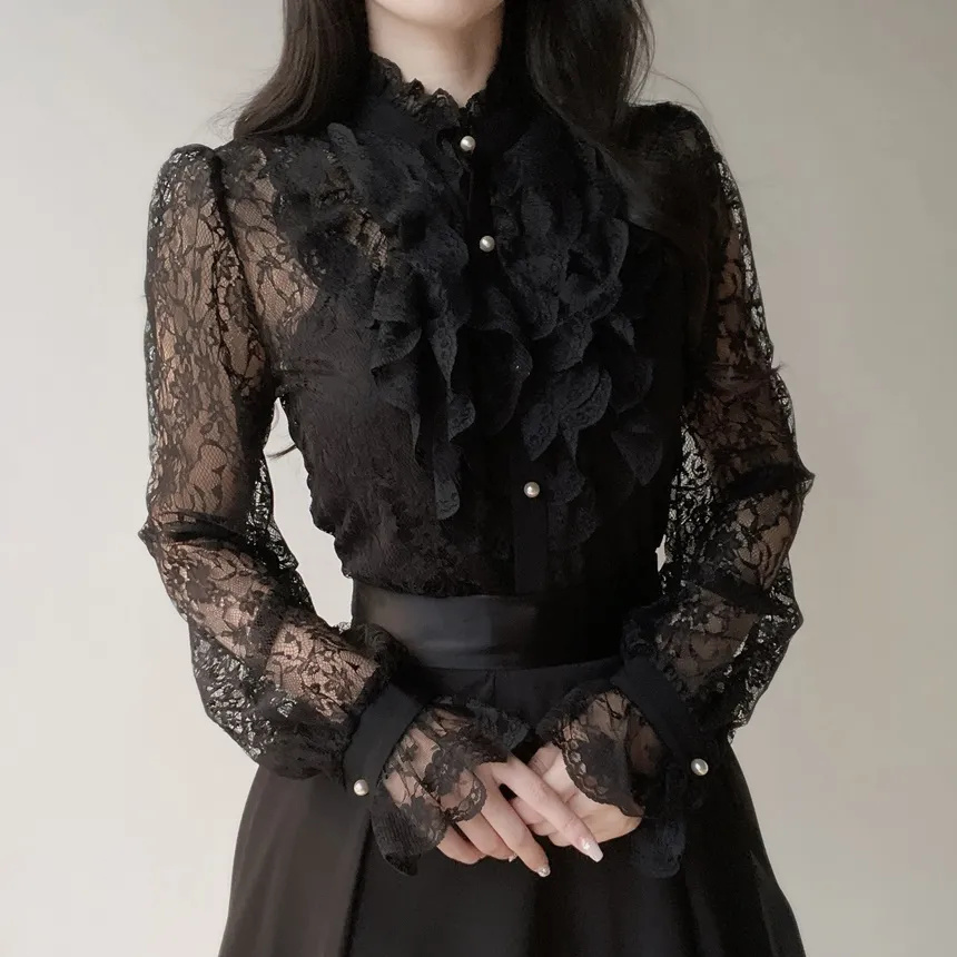 シースルーレースボタンフリル ネックラッフルブラウス | mirangmirang | 詳細画像9