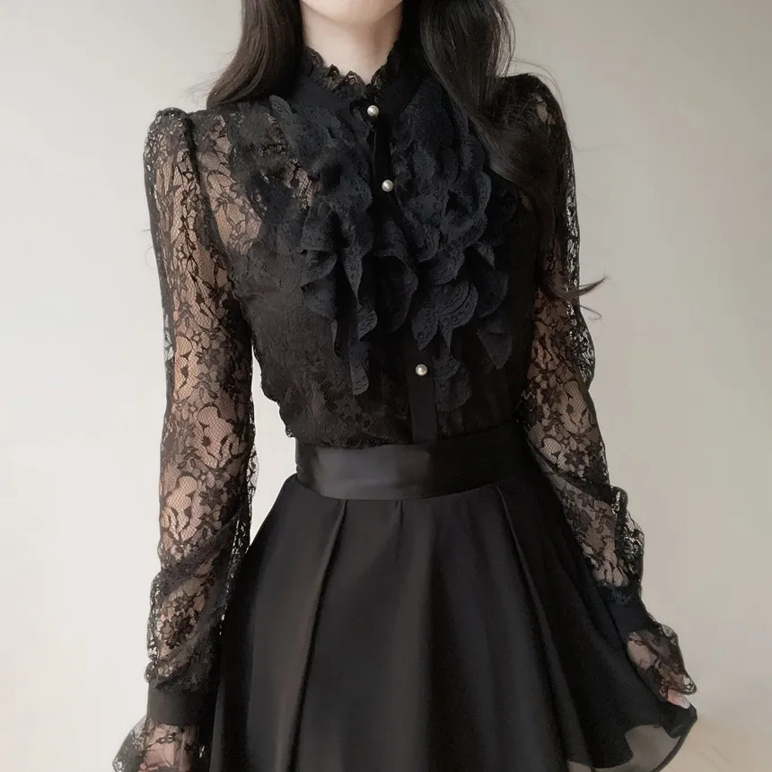 シースルーレースボタンフリル ネックラッフルブラウス | mirangmirang | 詳細画像10