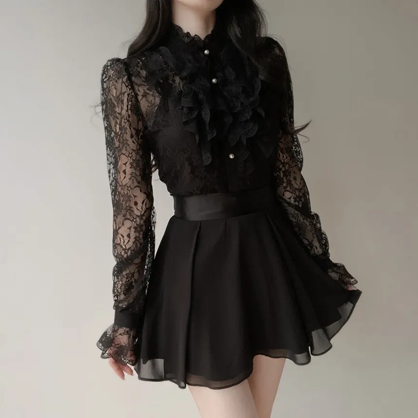 シースルーレースボタンフリル ネックラッフルブラウス | mirangmirang | 詳細画像11