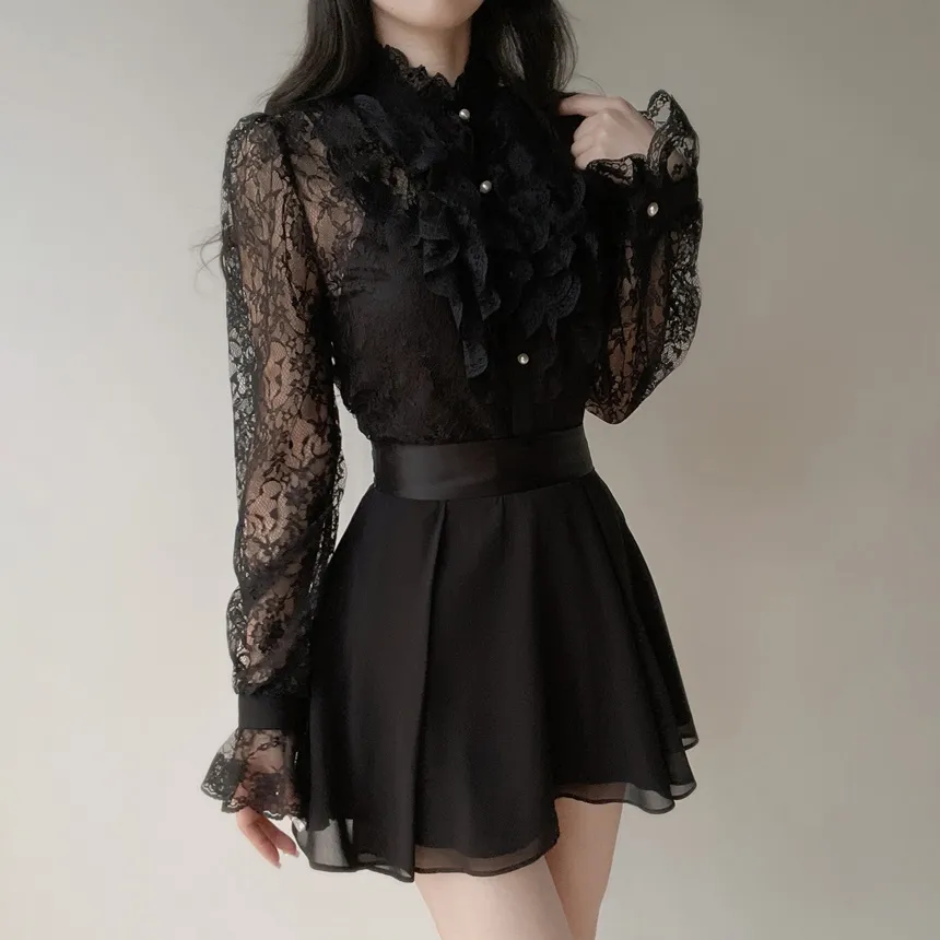 シースルーレースボタンフリル ネックラッフルブラウス | mirangmirang | 詳細画像12