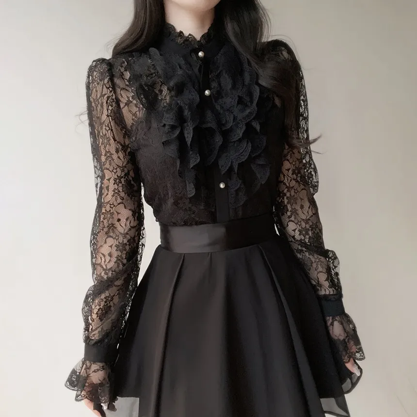 シースルーレースボタンフリル ネックラッフルブラウス | mirangmirang | 詳細画像13