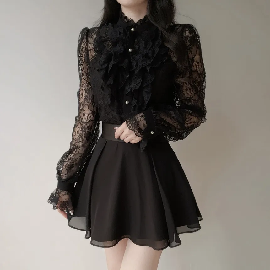 シースルーレースボタンフリル ネックラッフルブラウス | mirangmirang | 詳細画像14