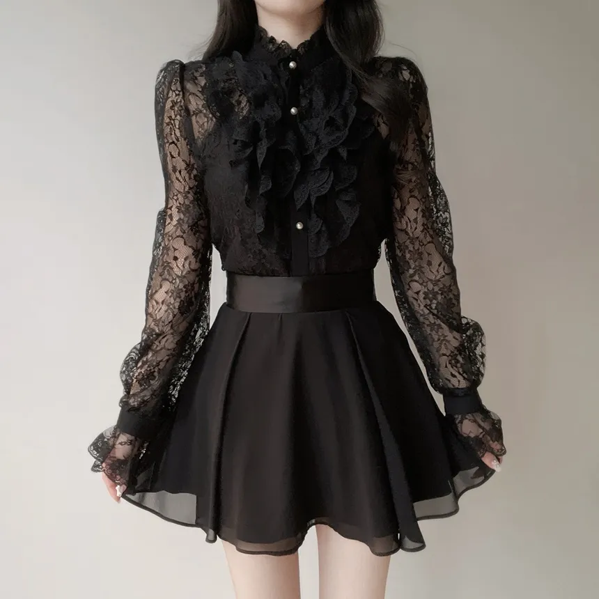 シースルーレースボタンフリル ネックラッフルブラウス | mirangmirang | 詳細画像15