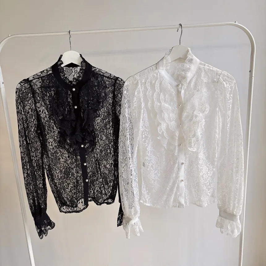 シースルーレースボタンフリル ネックラッフルブラウス | mirangmirang | 詳細画像16