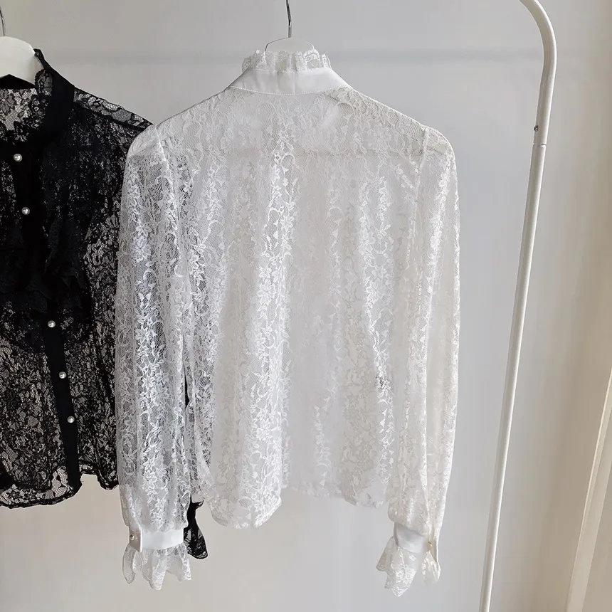 シースルーレースボタンフリル ネックラッフルブラウス | mirangmirang | 詳細画像18