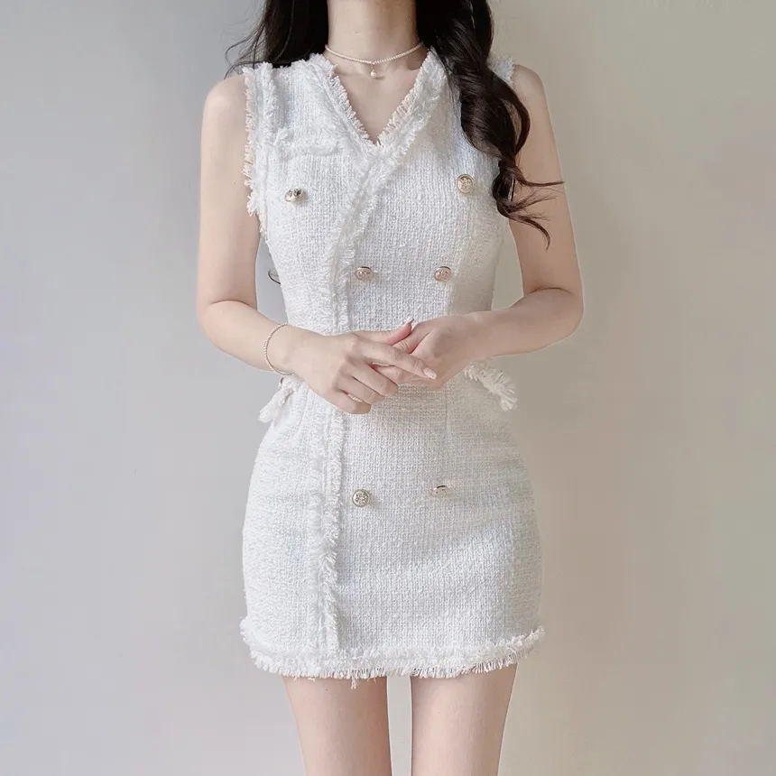 ツイードHラインミニフェイクポケットフェイクボタンVネックワンピース | mirangmirang | 詳細画像2