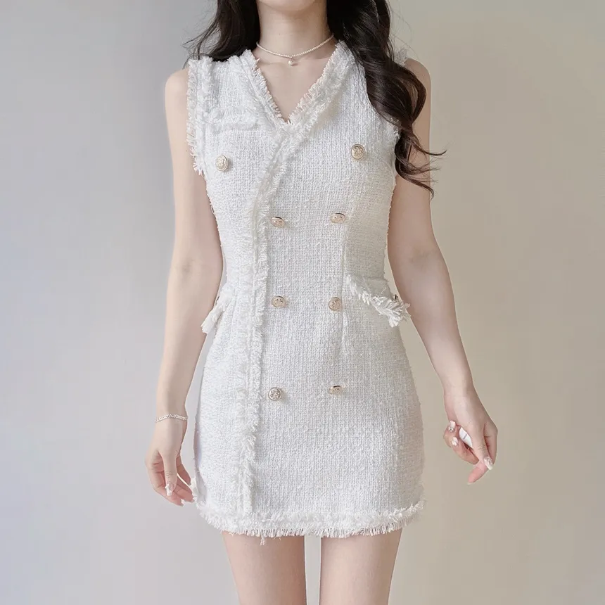 ツイードHラインミニフェイクポケットフェイクボタンVネックワンピース | mirangmirang | 詳細画像3