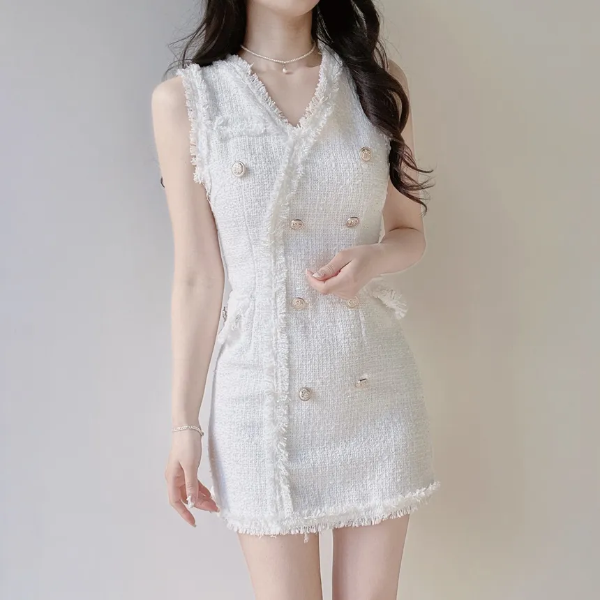 ツイードHラインミニフェイクポケットフェイクボタンVネックワンピース | mirangmirang | 詳細画像5