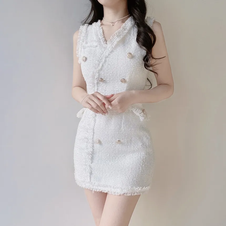 ツイードHラインミニフェイクポケットフェイクボタンVネックワンピース | mirangmirang | 詳細画像6