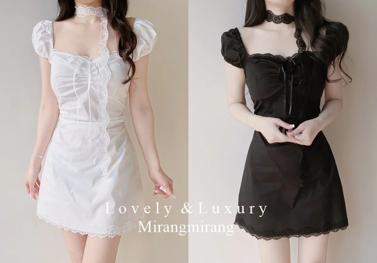 レースシャーリングフレア半袖ミニリボンワンピースストラップ付 | mirangmirang | 詳細画像1