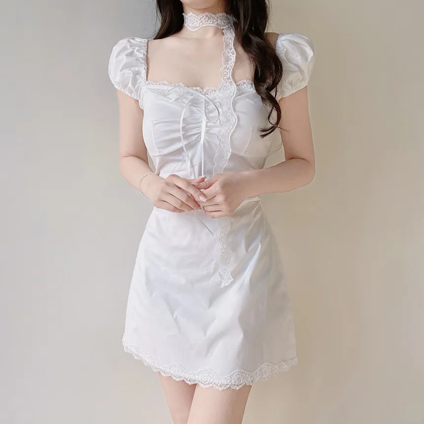 レースシャーリングフレア半袖ミニリボンワンピースストラップ付 | mirangmirang | 詳細画像3