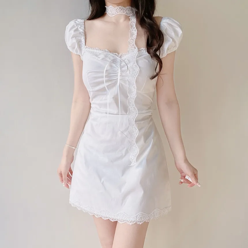 レースシャーリングフレア半袖ミニリボンワンピースストラップ付 | mirangmirang | 詳細画像4