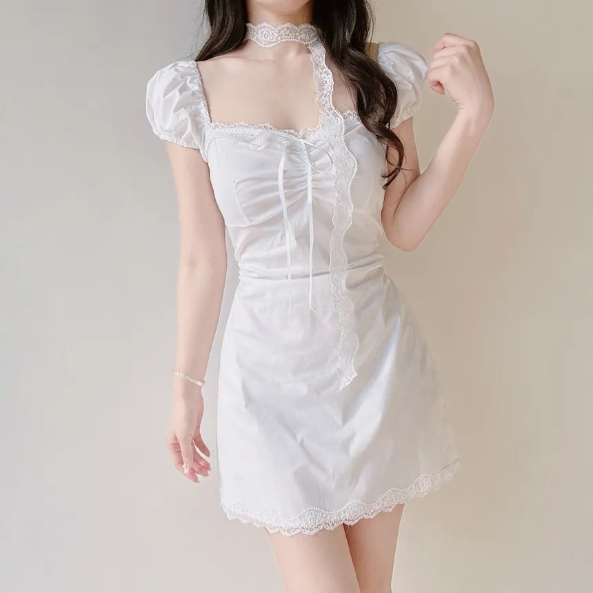 レースシャーリングフレア半袖ミニリボンワンピースストラップ付 | mirangmirang | 詳細画像5