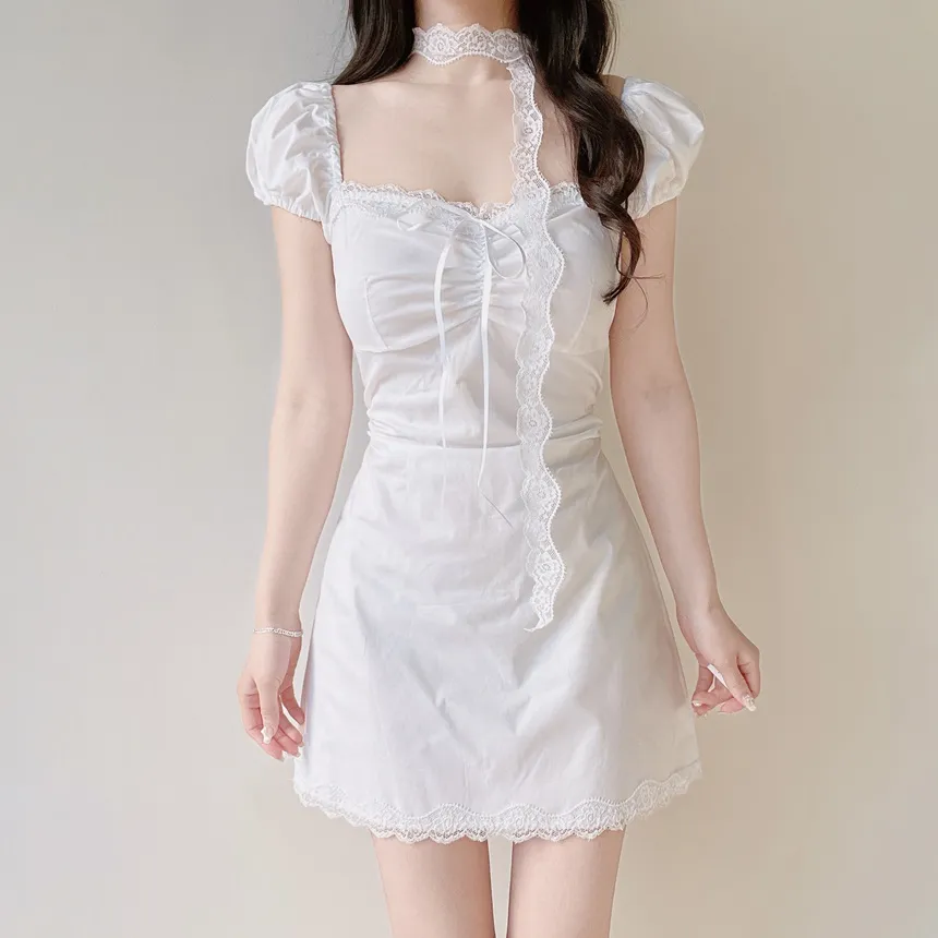 レースシャーリングフレア半袖ミニリボンワンピースストラップ付 | mirangmirang | 詳細画像7