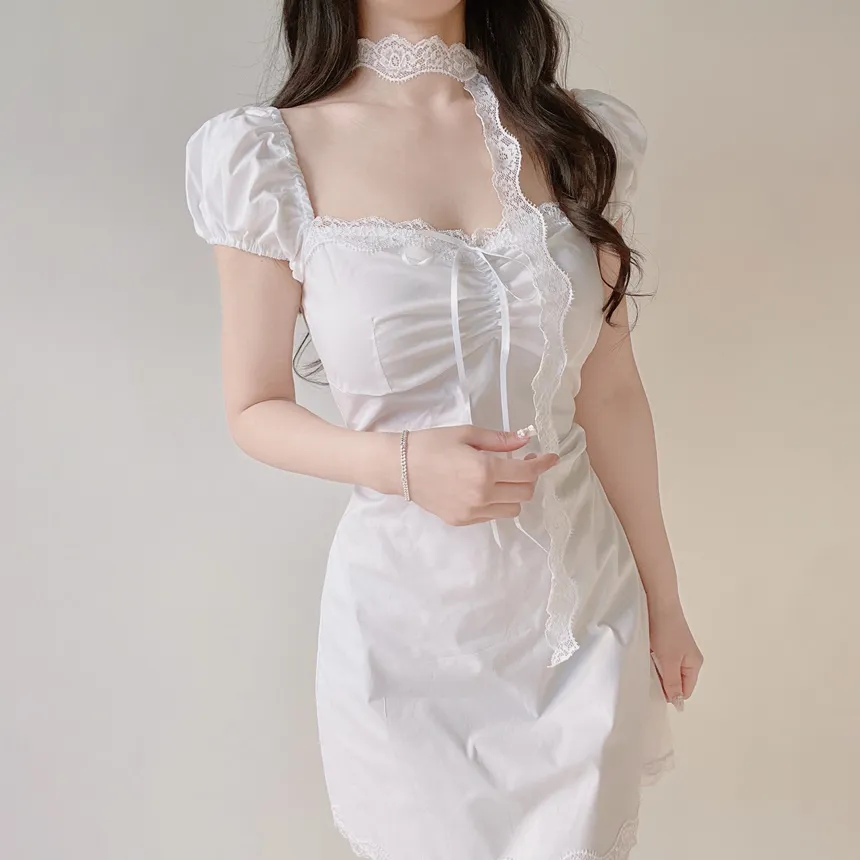 レースシャーリングフレア半袖ミニリボンワンピースストラップ付 | mirangmirang | 詳細画像8