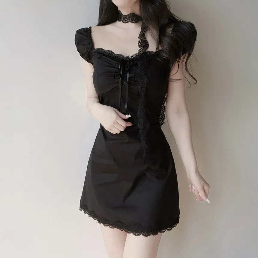 レースシャーリングフレア半袖ミニリボンワンピースストラップ付 | mirangmirang | 詳細画像12