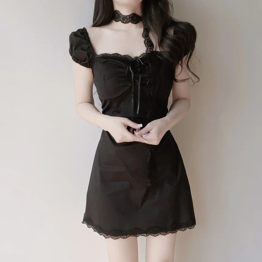 レースシャーリングフレア半袖ミニリボンワンピースストラップ付 | mirangmirang | 詳細画像13