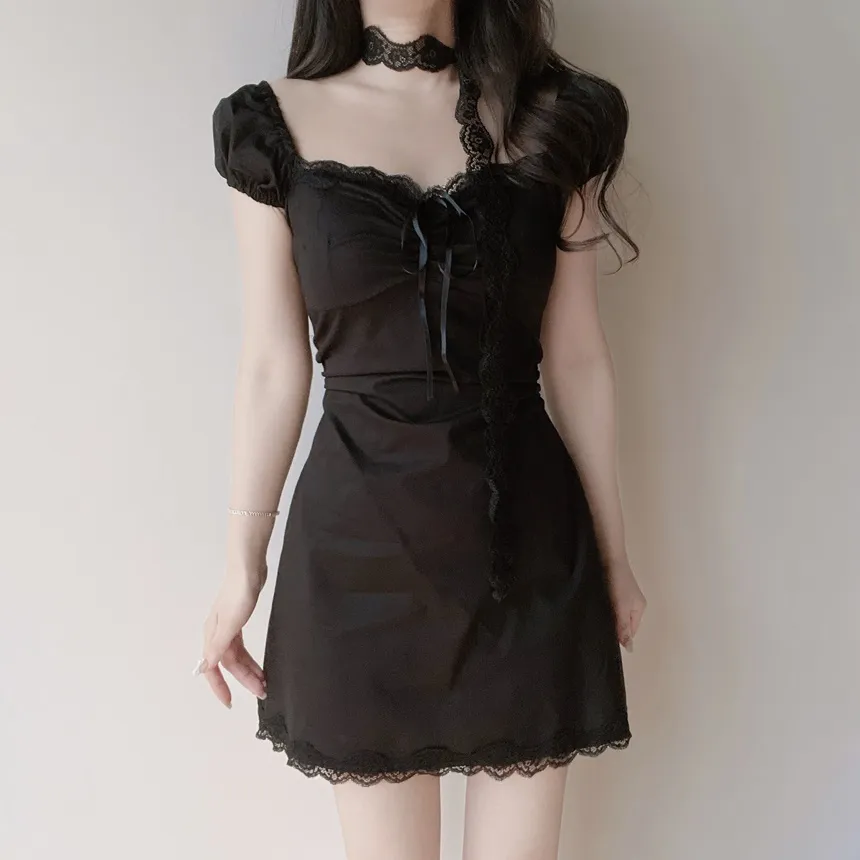 レースシャーリングフレア半袖ミニリボンワンピースストラップ付 | mirangmirang | 詳細画像14