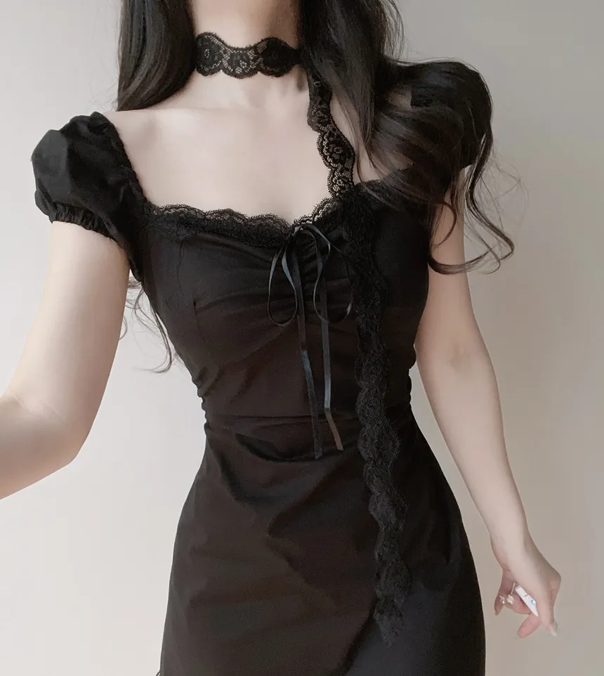 レースシャーリングフレア半袖ミニリボンワンピースストラップ付 | mirangmirang | 詳細画像15