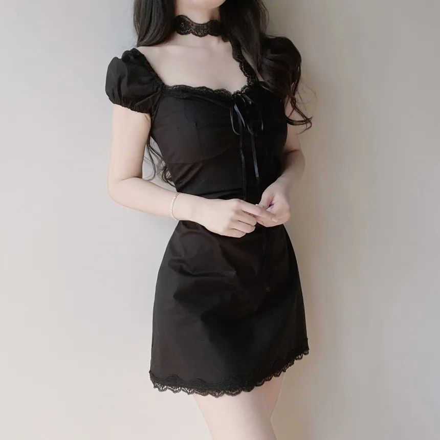 レースシャーリングフレア半袖ミニリボンワンピースストラップ付 | mirangmirang | 詳細画像16