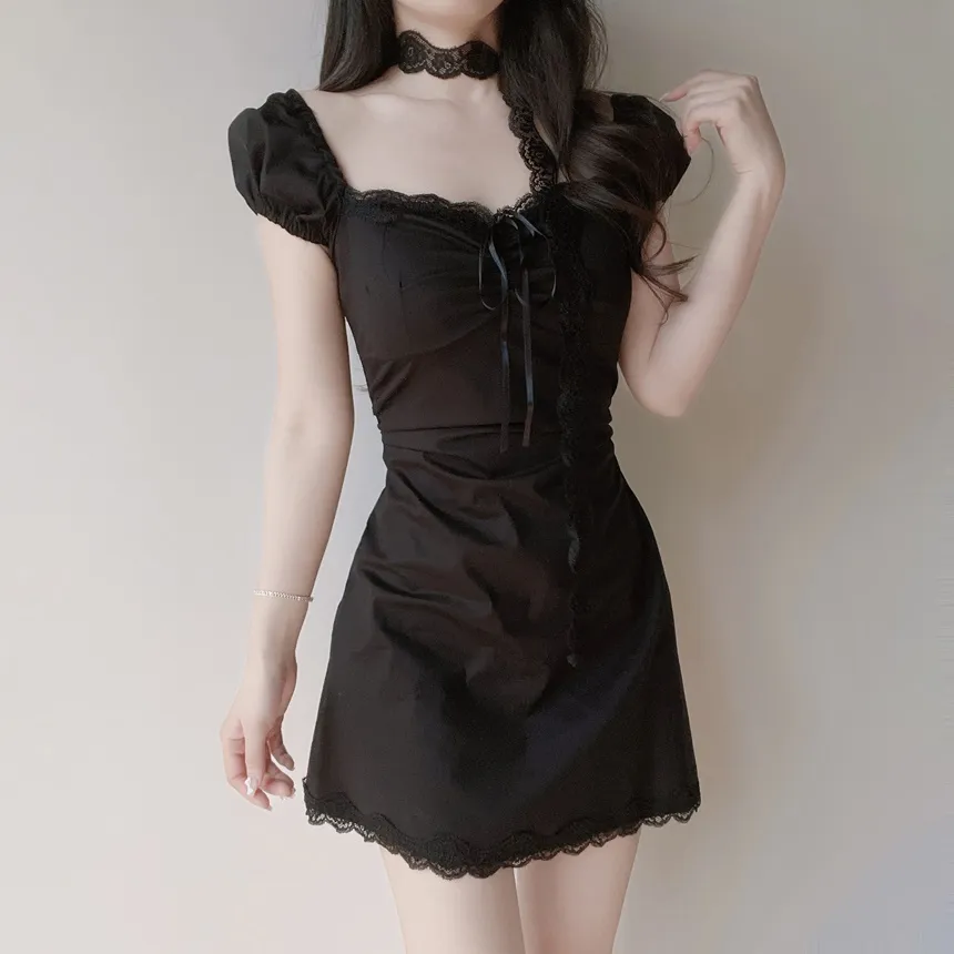 レースシャーリングフレア半袖ミニリボンワンピースストラップ付 | mirangmirang | 詳細画像18