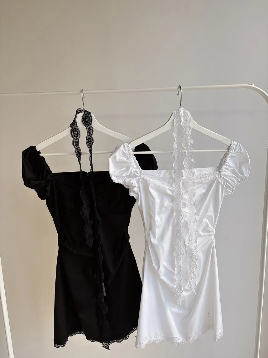 レースシャーリングフレア半袖ミニリボンワンピースストラップ付 | mirangmirang | 詳細画像19