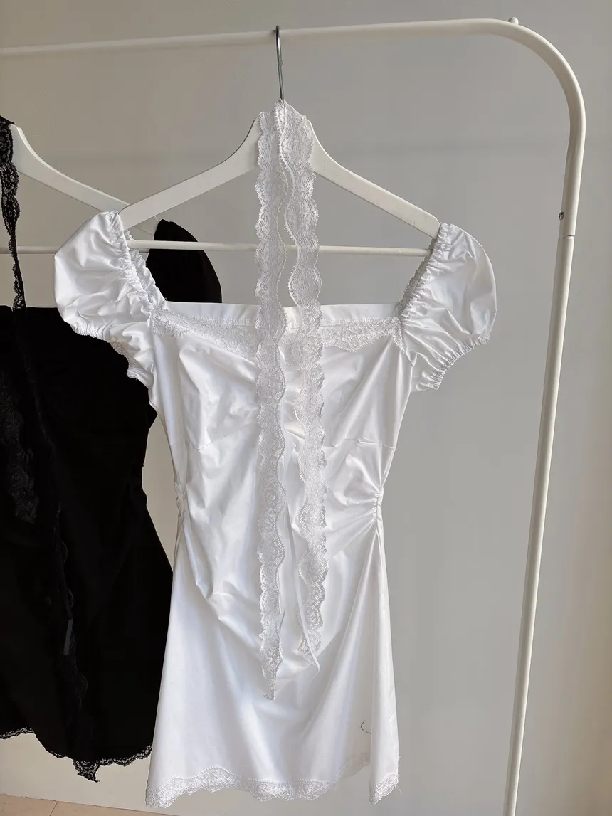 レースシャーリングフレア半袖ミニリボンワンピースストラップ付 | mirangmirang | 詳細画像20