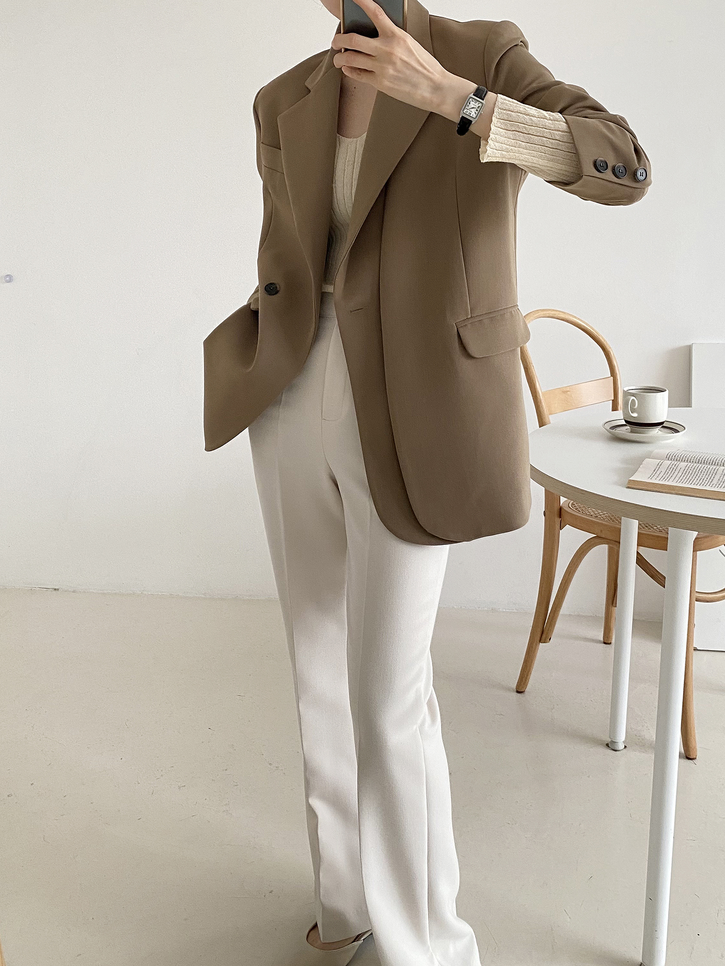 肩パッドオープンカラーラインオーバーサイズボクシー長袖フラップポケットワンボタンボタンスリーブボーイフィット無地ジャケット | 詳細画像11