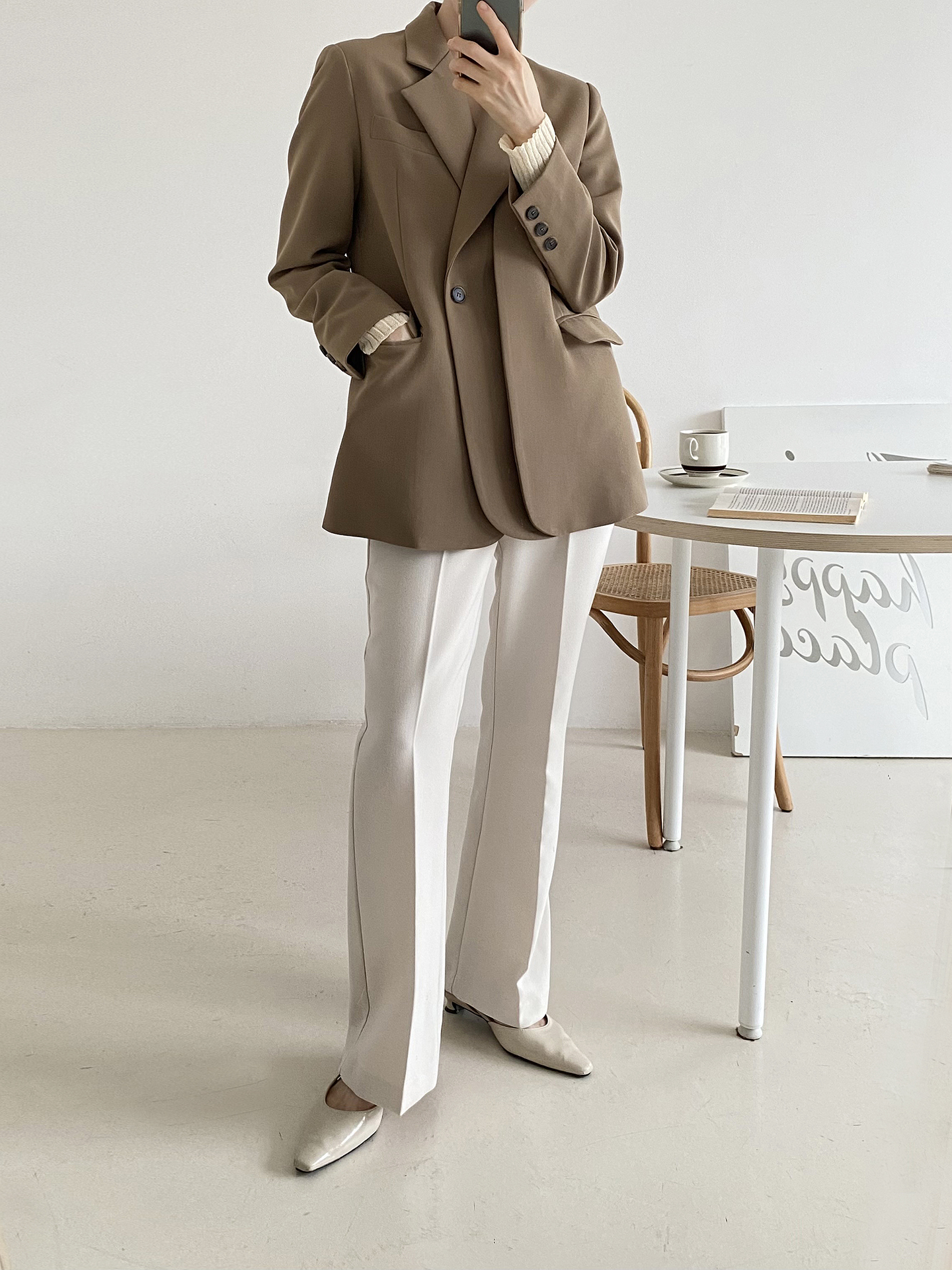 肩パッドオープンカラーラインオーバーサイズボクシー長袖フラップポケットワンボタンボタンスリーブボーイフィット無地ジャケット | 詳細画像14