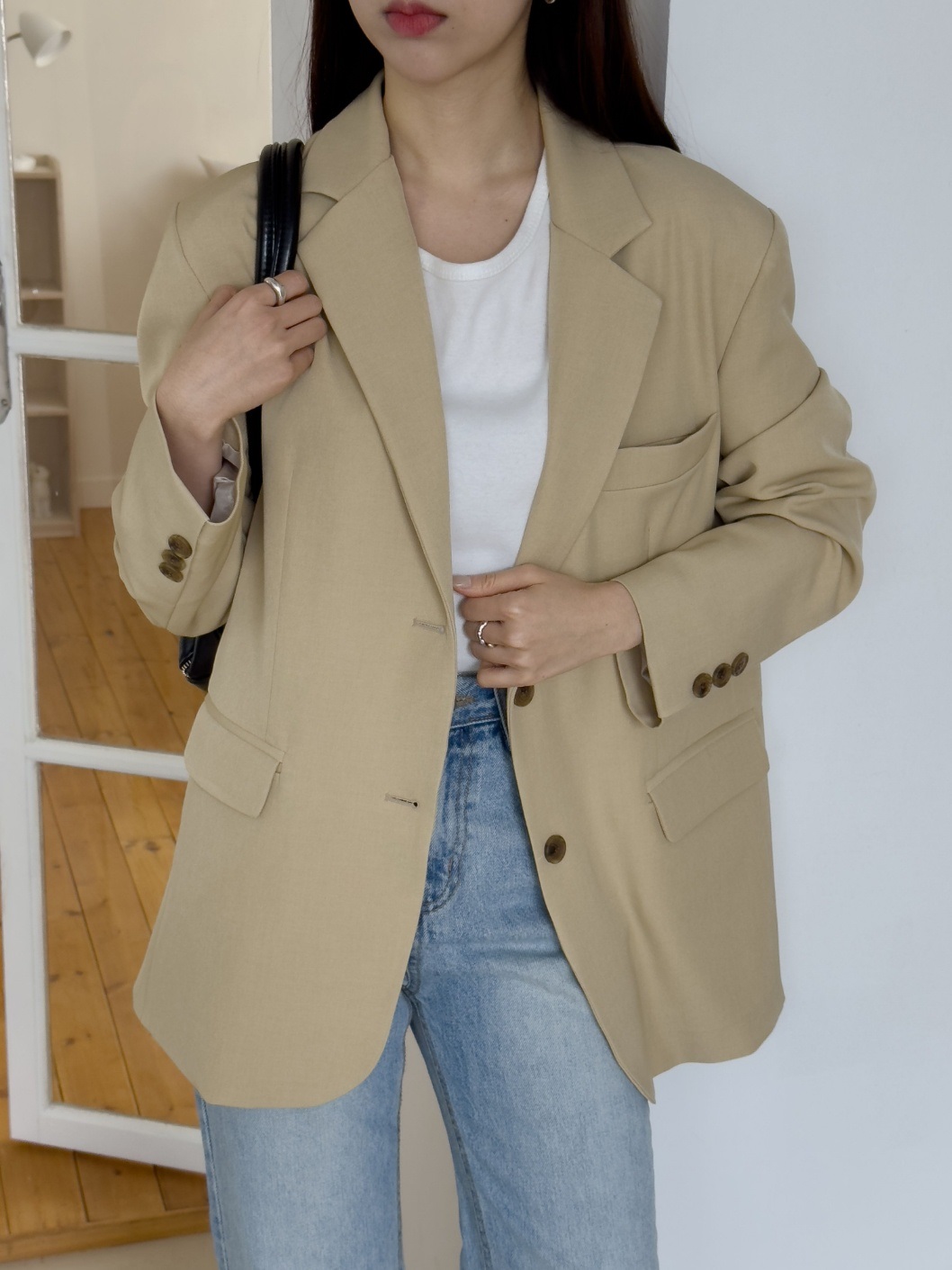 カラー肩パッドオーバーサイズボクシー長袖フラップポケットツーボタンボタンスリーブボーイフィット無地ジャケット | 詳細画像2