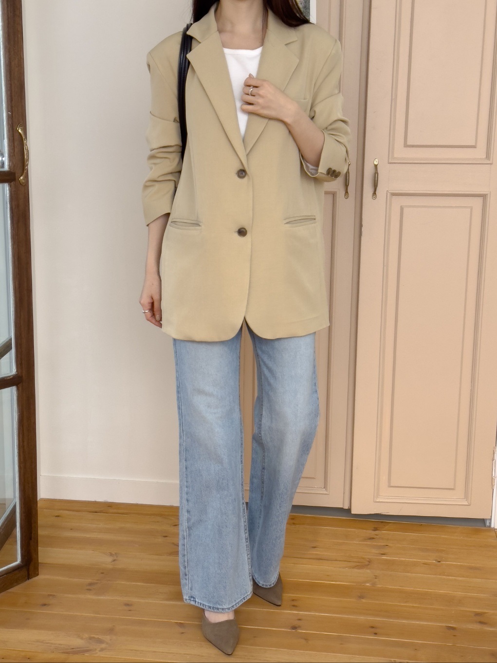 カラー肩パッドオーバーサイズボクシー長袖フラップポケットツーボタンボタンスリーブボーイフィット無地ジャケット | 詳細画像3