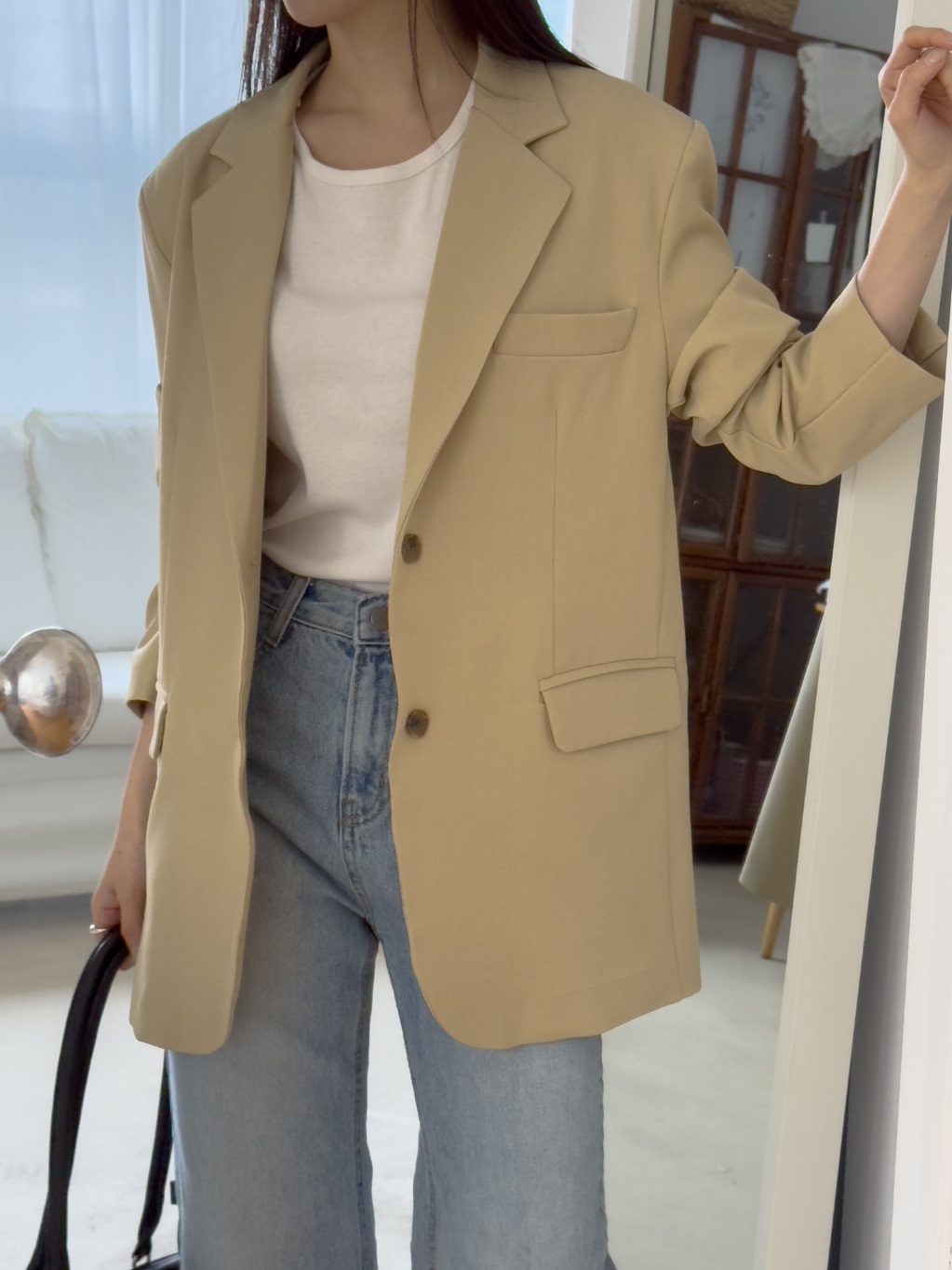 カラー肩パッドオーバーサイズボクシー長袖フラップポケットツーボタンボタンスリーブボーイフィット無地ジャケット | 詳細画像4