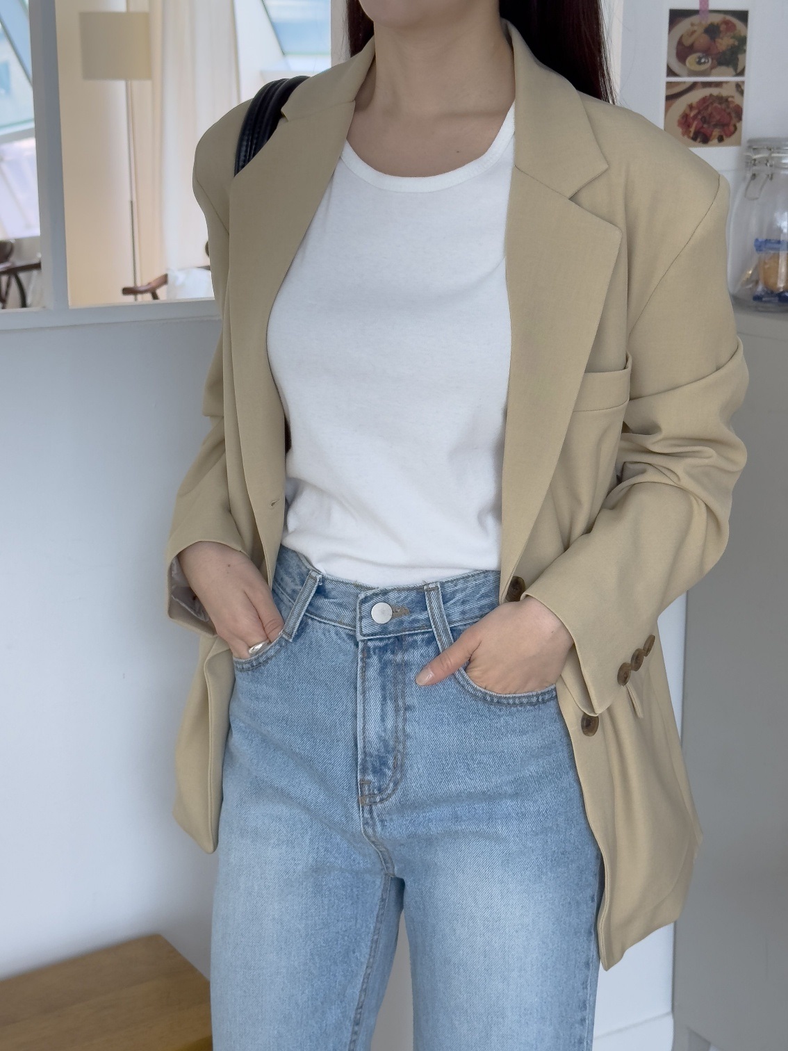 カラー肩パッドオーバーサイズボクシー長袖フラップポケットツーボタンボタンスリーブボーイフィット無地ジャケット | 詳細画像6