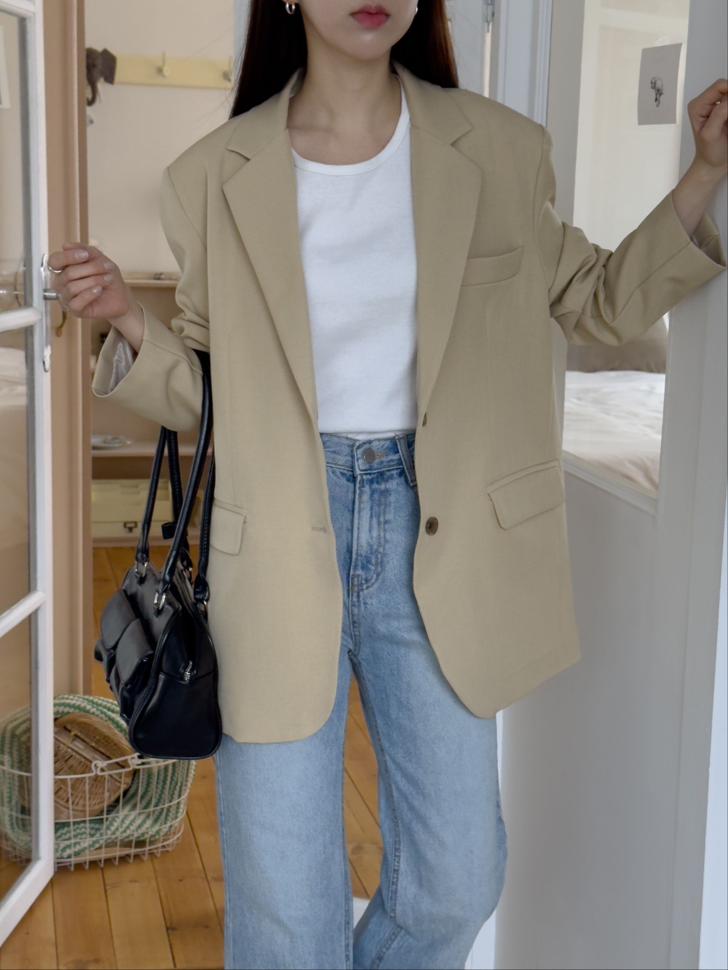 カラー肩パッドオーバーサイズボクシー長袖フラップポケットツーボタンボタンスリーブボーイフィット無地ジャケット | 詳細画像7