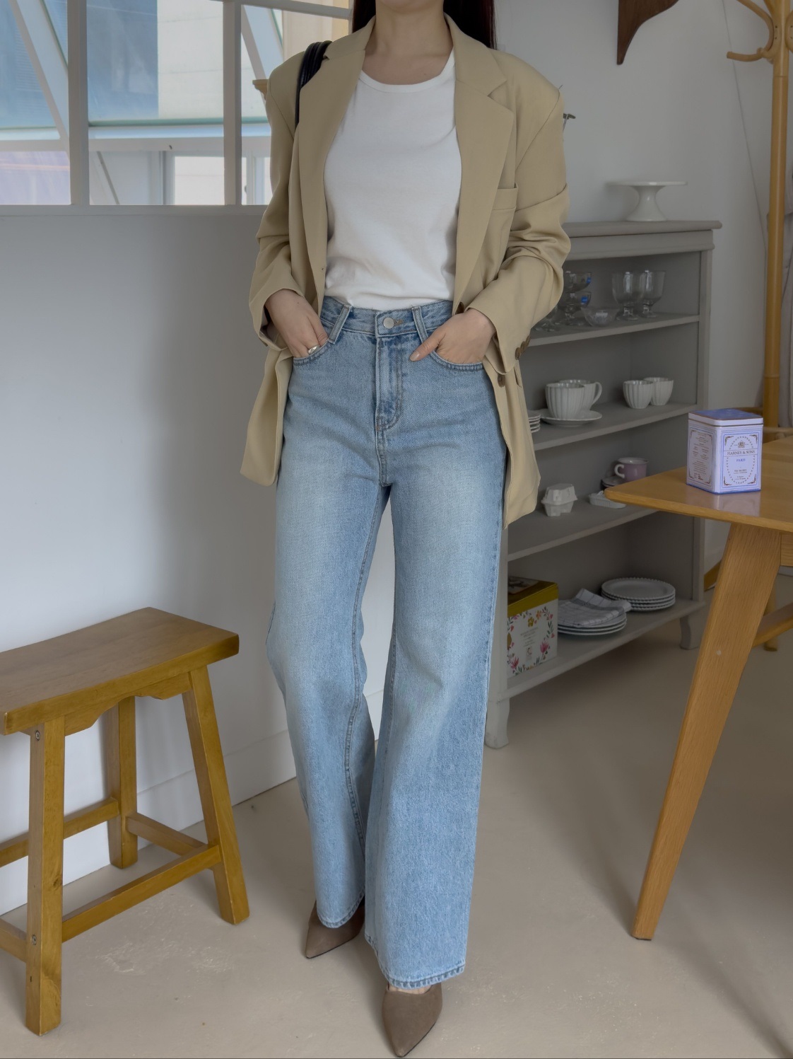 カラー肩パッドオーバーサイズボクシー長袖フラップポケットツーボタンボタンスリーブボーイフィット無地ジャケット | 詳細画像8