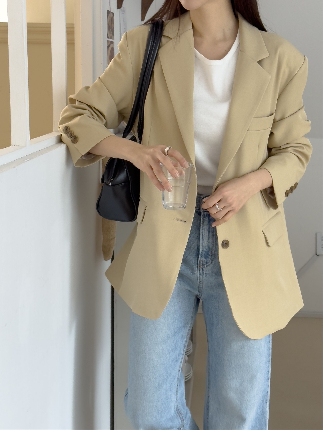 カラー肩パッドオーバーサイズボクシー長袖フラップポケットツーボタンボタンスリーブボーイフィット無地ジャケット | 詳細画像9