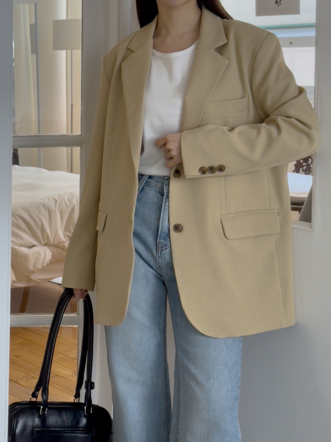カラー肩パッドオーバーサイズボクシー長袖フラップポケットツーボタンボタンスリーブボーイフィット無地ジャケット | 詳細画像10