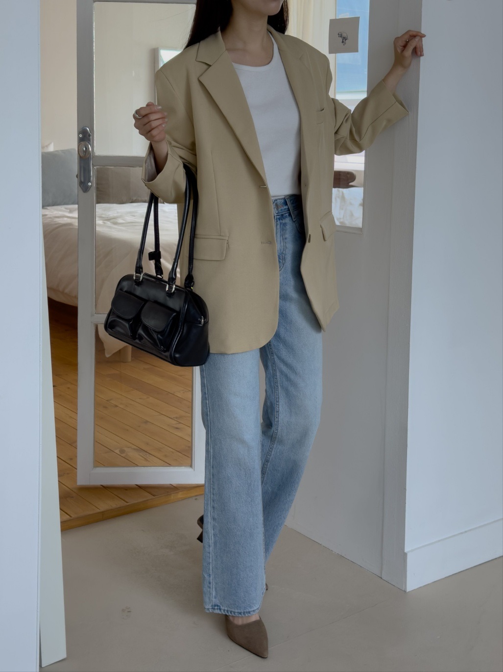 カラー肩パッドオーバーサイズボクシー長袖フラップポケットツーボタンボタンスリーブボーイフィット無地ジャケット | 詳細画像11