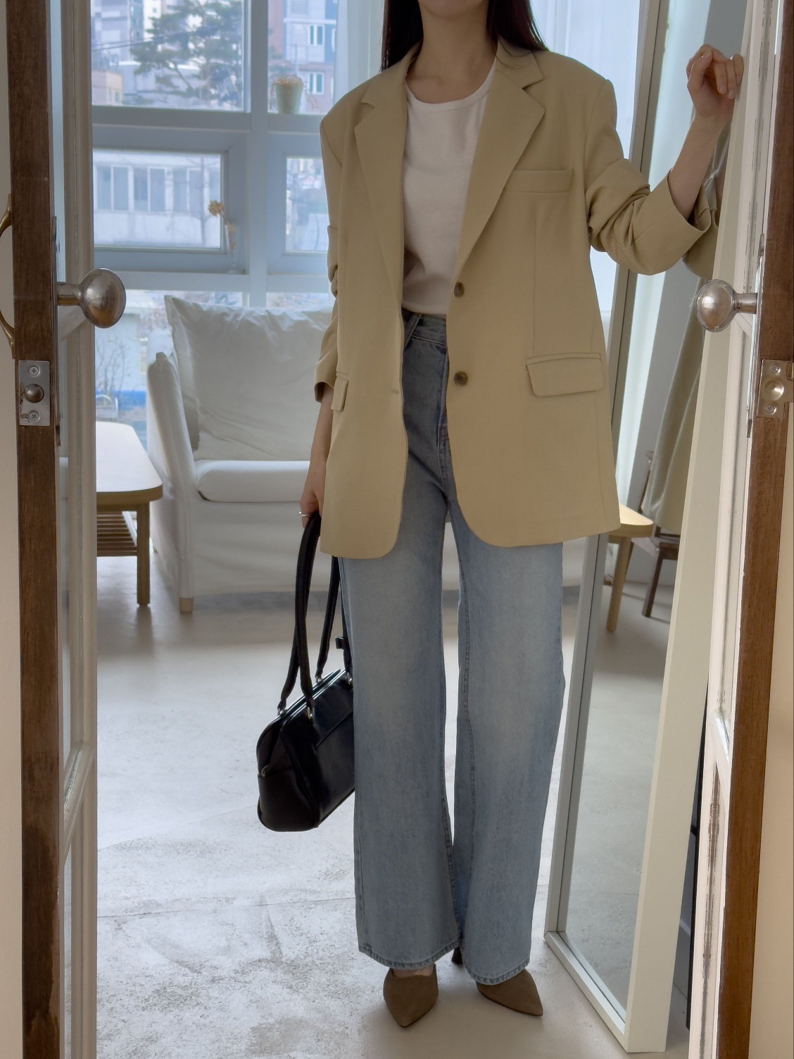 カラー肩パッドオーバーサイズボクシー長袖フラップポケットツーボタンボタンスリーブボーイフィット無地ジャケット | 詳細画像12