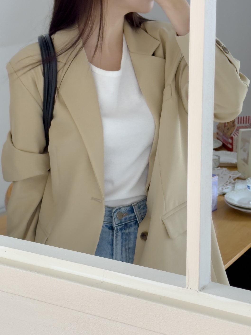 カラー肩パッドオーバーサイズボクシー長袖フラップポケットツーボタンボタンスリーブボーイフィット無地ジャケット | 詳細画像13