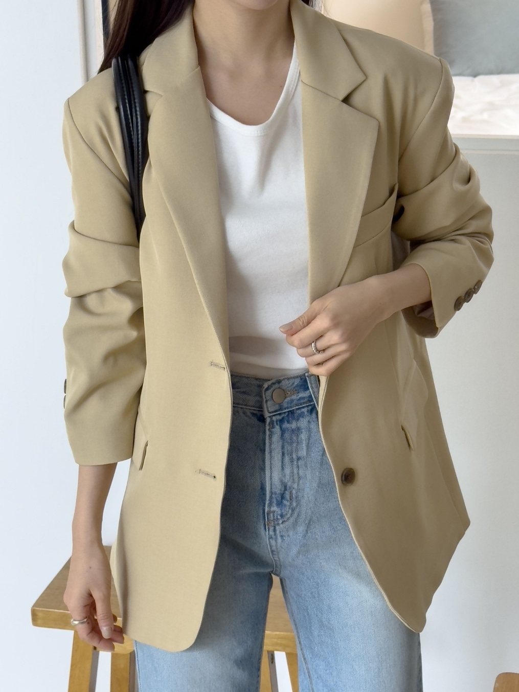 カラー肩パッドオーバーサイズボクシー長袖フラップポケットツーボタンボタンスリーブボーイフィット無地ジャケット | 詳細画像15