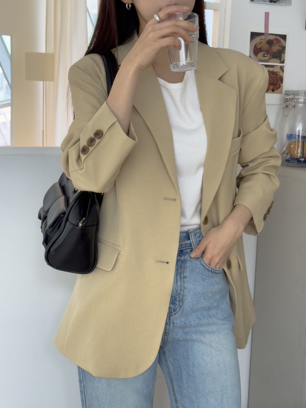 カラー肩パッドオーバーサイズボクシー長袖フラップポケットツーボタンボタンスリーブボーイフィット無地ジャケット | 詳細画像16