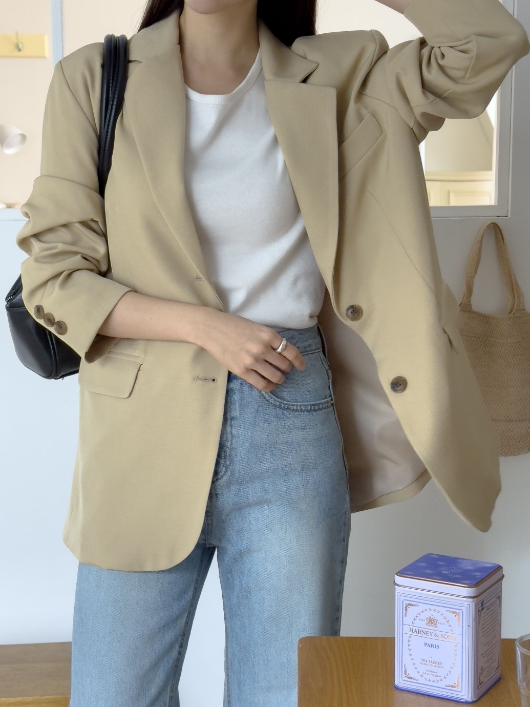 カラー肩パッドオーバーサイズボクシー長袖フラップポケットツーボタンボタンスリーブボーイフィット無地ジャケット | 詳細画像19