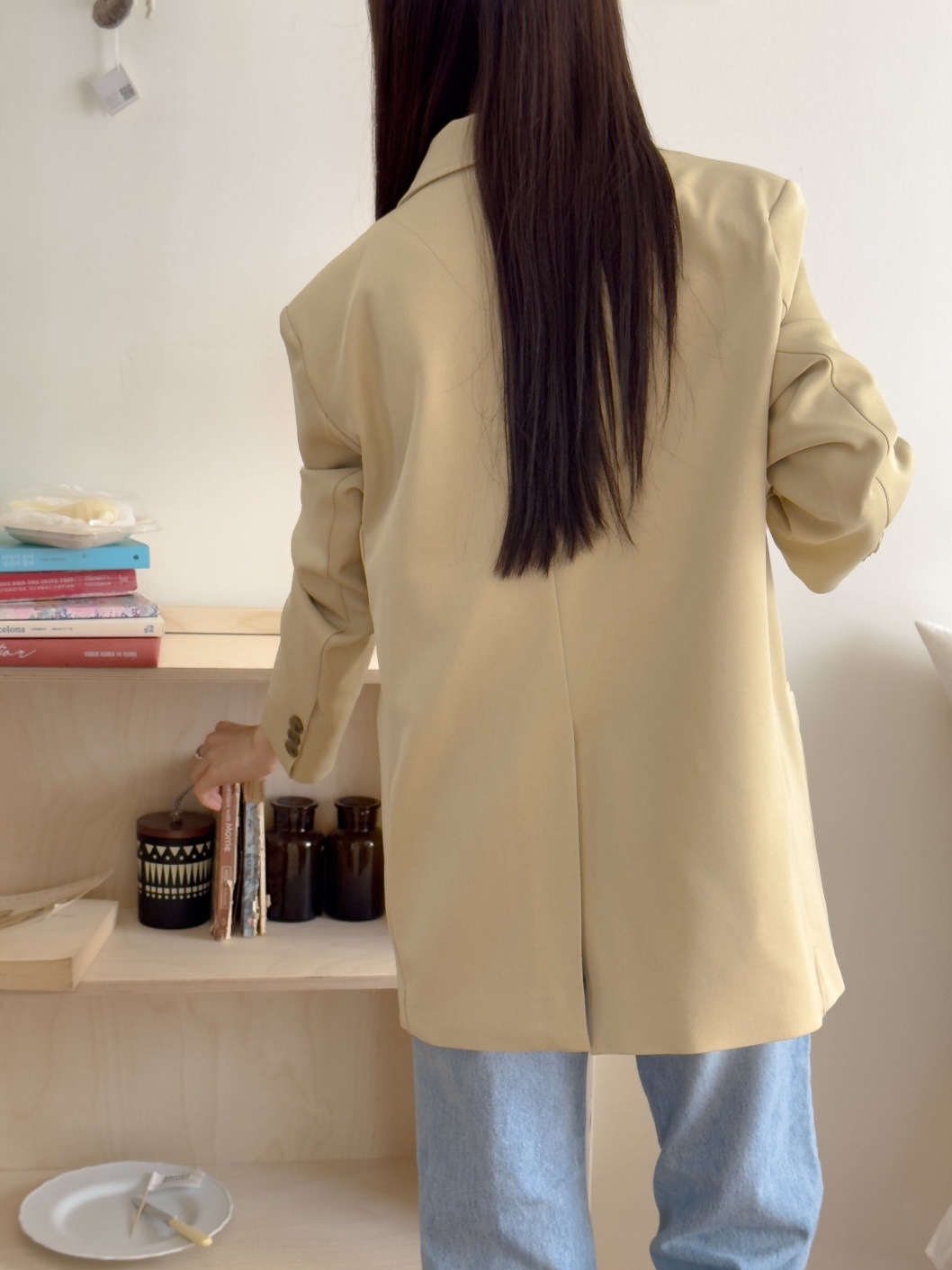 カラー肩パッドオーバーサイズボクシー長袖フラップポケットツーボタンボタンスリーブボーイフィット無地ジャケット | 詳細画像20