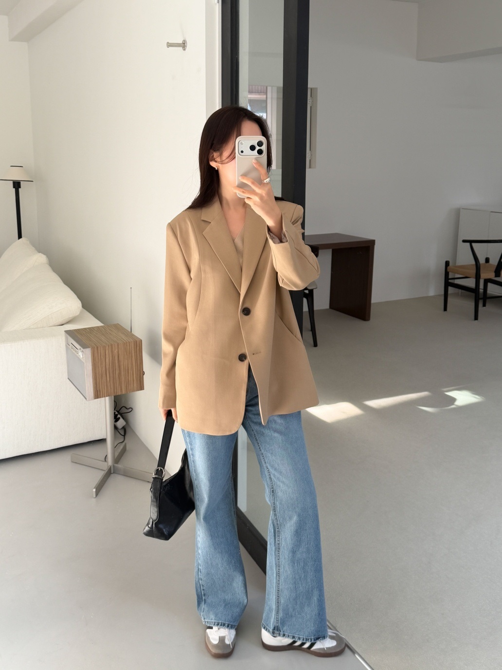 カラーポケット肩パッドラインオーバーサイズボクシー長袖ツーボタンボーイフィット無地ジャケット | 詳細画像4