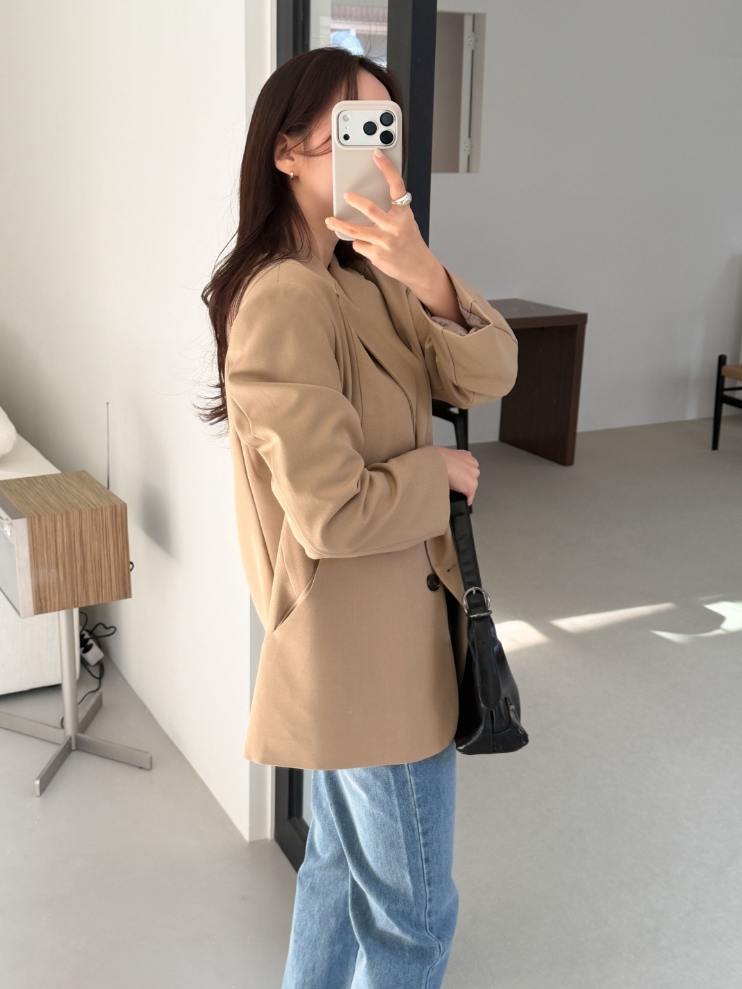 カラーポケット肩パッドラインオーバーサイズボクシー長袖ツーボタンボーイフィット無地ジャケット | 詳細画像5