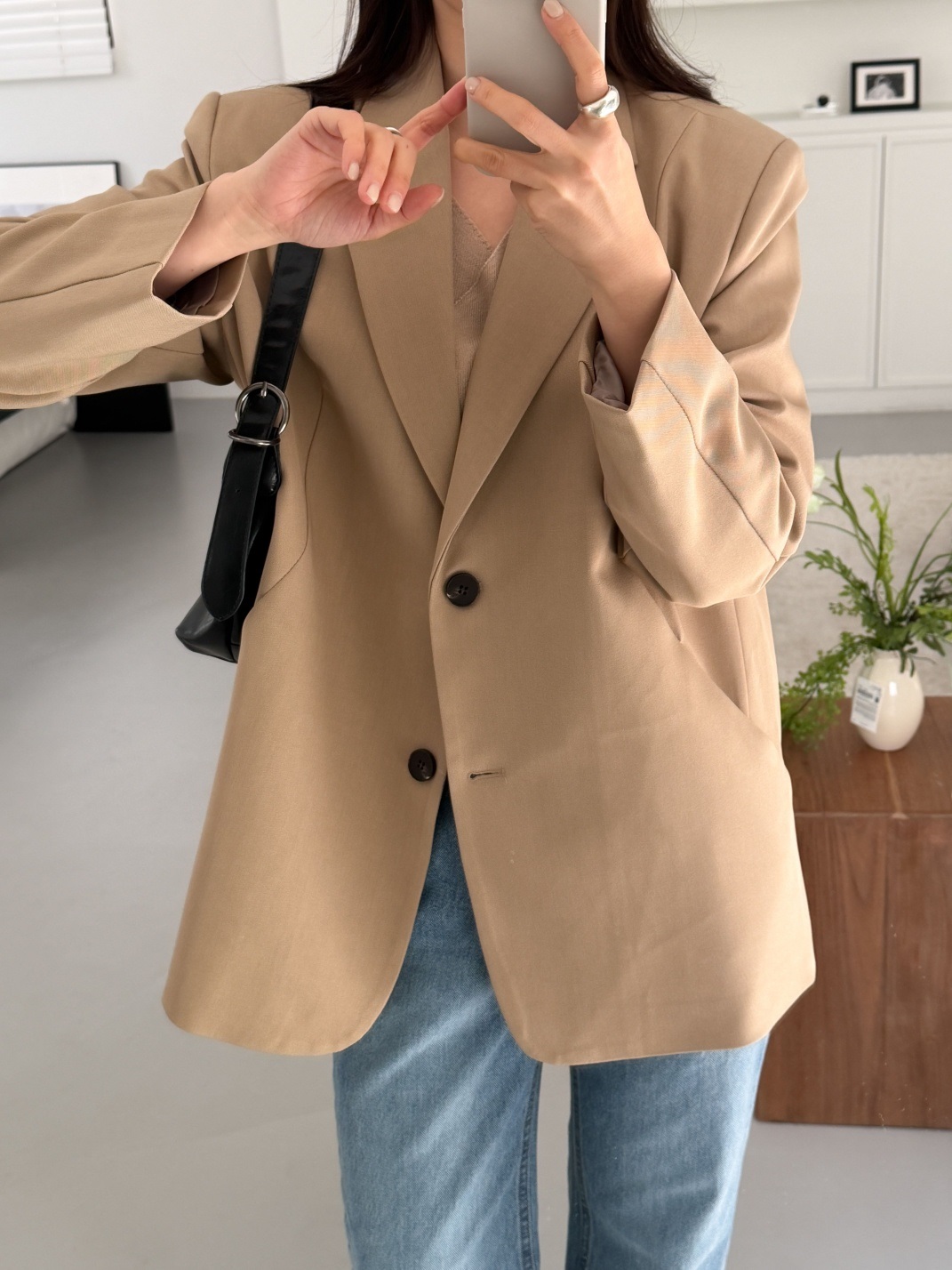 カラーポケット肩パッドラインオーバーサイズボクシー長袖ツーボタンボーイフィット無地ジャケット | 詳細画像6