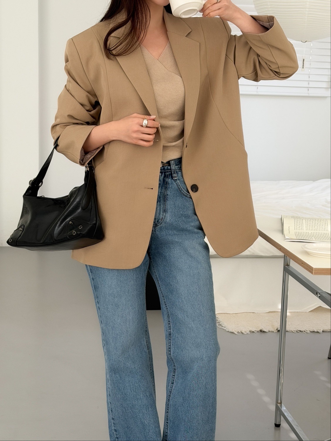 カラーポケット肩パッドラインオーバーサイズボクシー長袖ツーボタンボーイフィット無地ジャケット | 詳細画像10