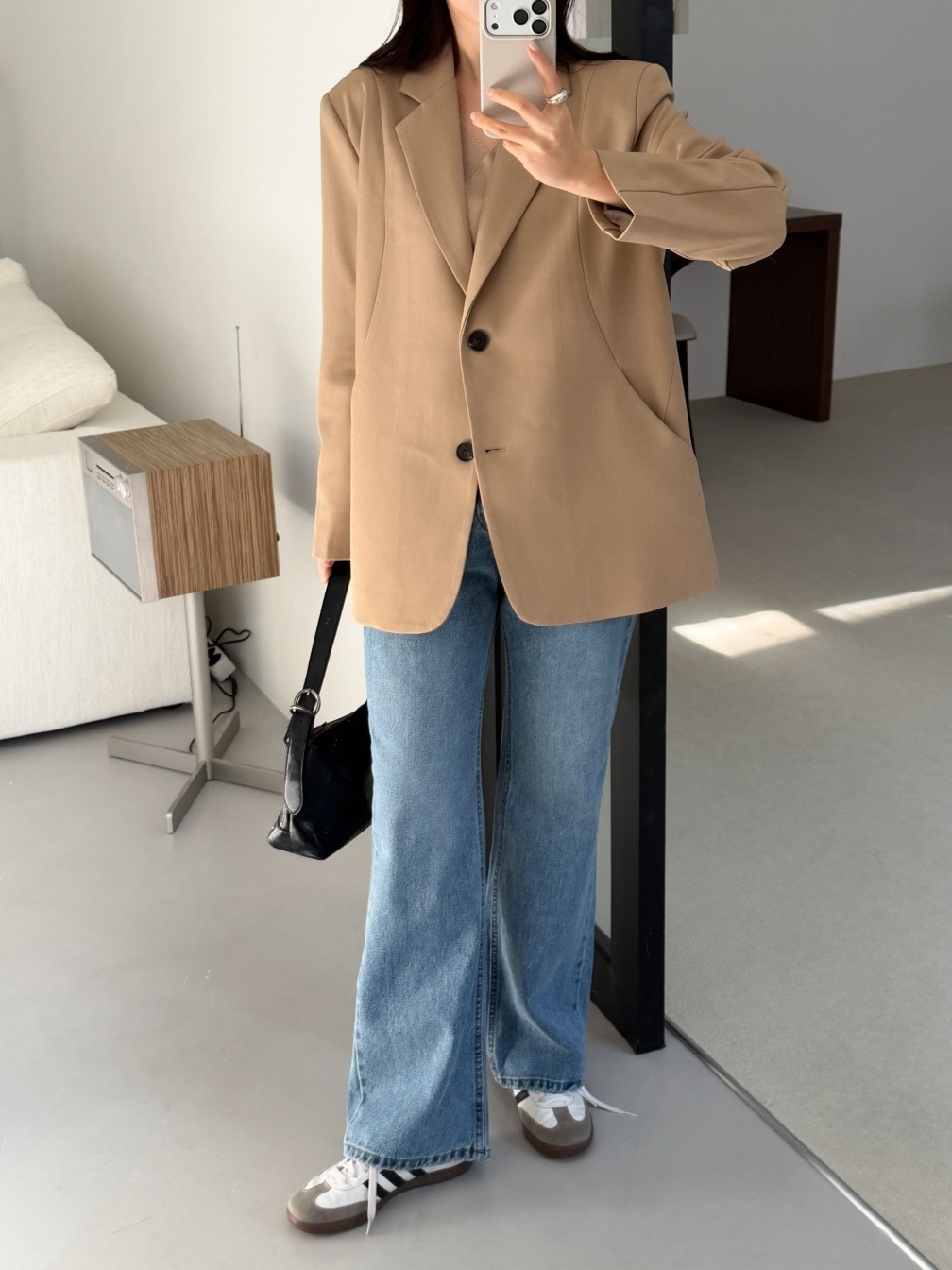 カラーポケット肩パッドラインオーバーサイズボクシー長袖ツーボタンボーイフィット無地ジャケット | 詳細画像11